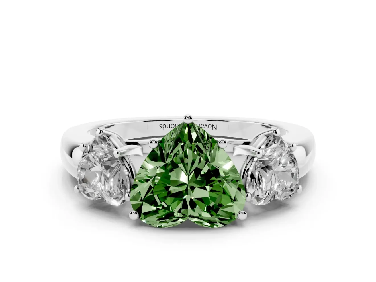 Fancy Green Heart Cut Diamond Three-Stone Ring Set in Silver with Bold Center and Classic Band