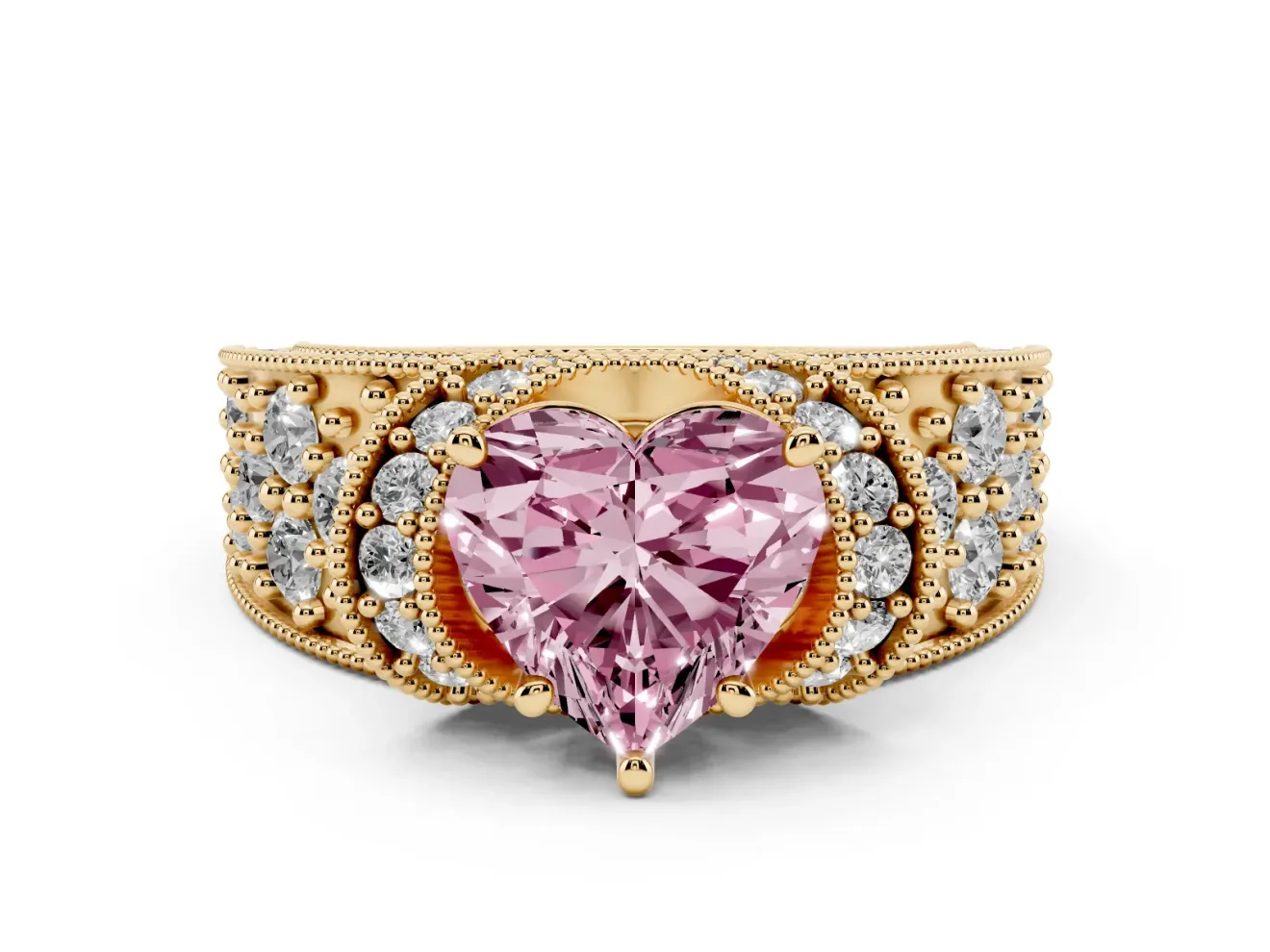 Heart-Shaped Vintage Pave Engagement Ring Setting for a Fancy Pink Lab-Grown Diamond | Milgrain Edges | Yellow Gold