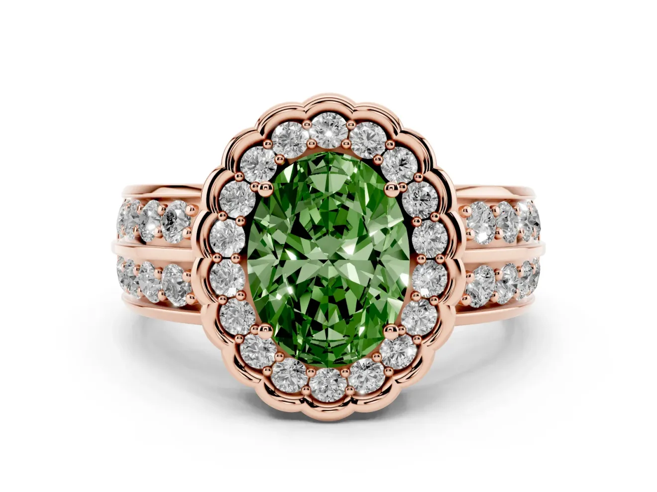 Fancy Green Oval Cut Diamond Scalloped Halo Ring Set in Rose gold with Pavé Split Shank
