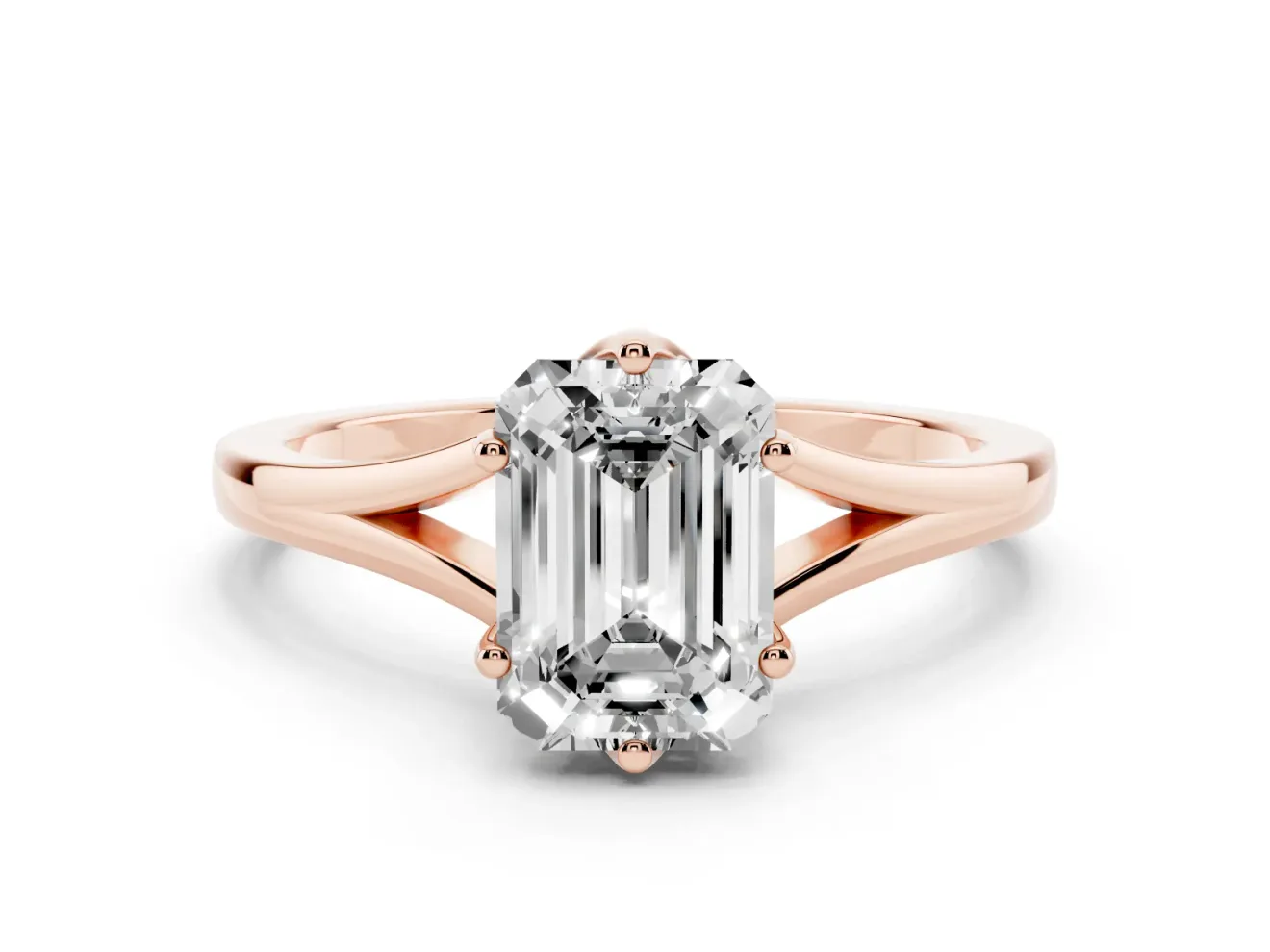 Emerald Cut Diamond Solitaire Ring Set in Rose gold with Polished Tapered Band and Prong Setting
