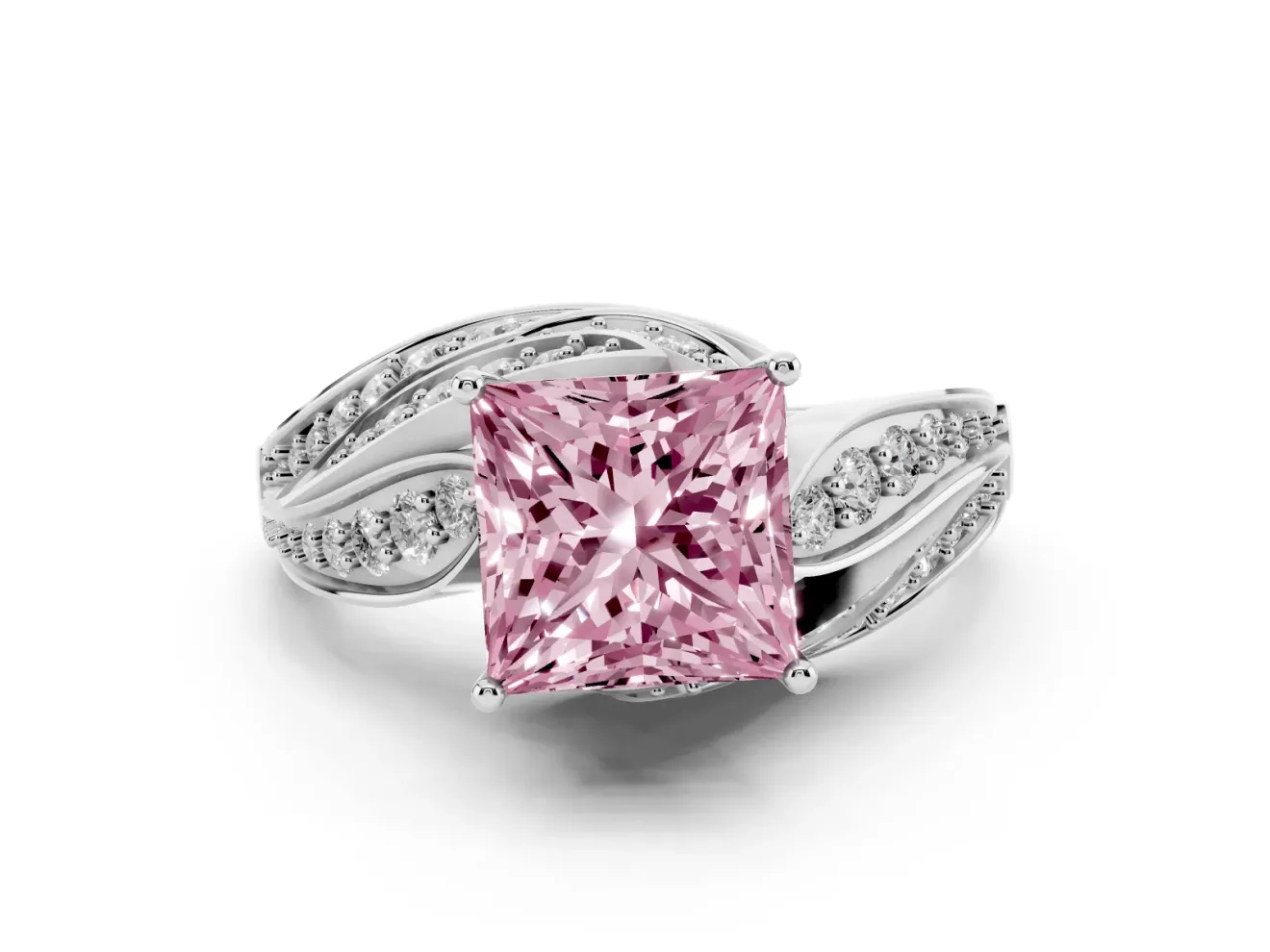 Fancy Pink Princess Cut Diamond Solitaire Ring Set in White gold with Layered Twist Pavé Band