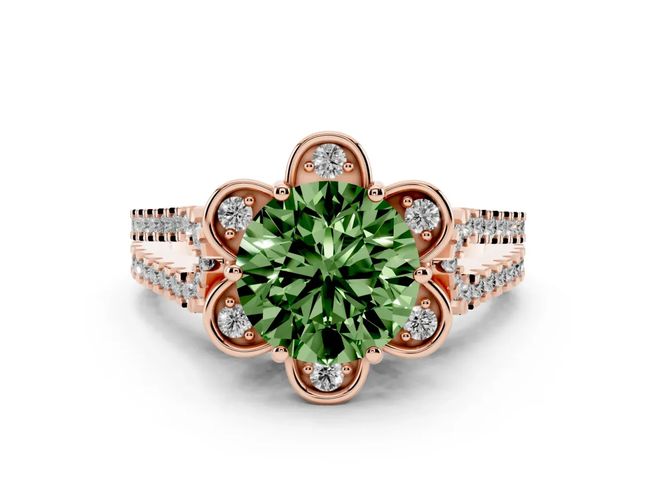 Round Petal Frame Floral Halo Engagement Ring Setting for a Fancy Green Lab-Grown Diamond | Pavé Split Shank | Rose Gold