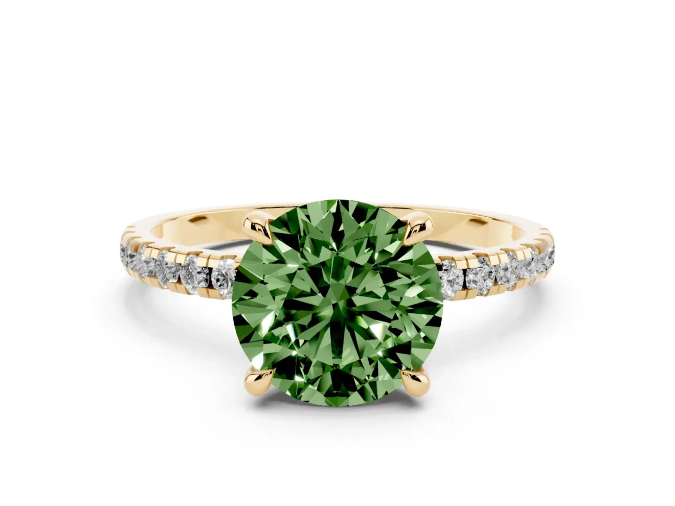 Fancy Green Round Cut Diamond Brilliant Solitaire Ring Set in Yellow gold with Pavé Band and Prong Setting