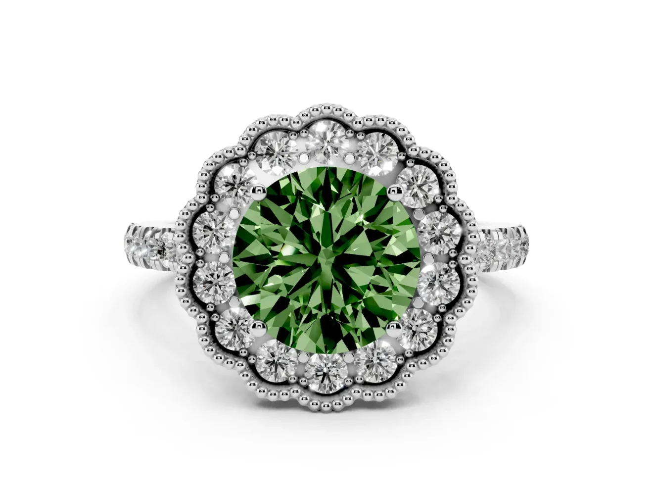 Fancy Green Round Cut Diamond Milgrain Floral Halo Engagement Ring Set in White gold with Pavé Band