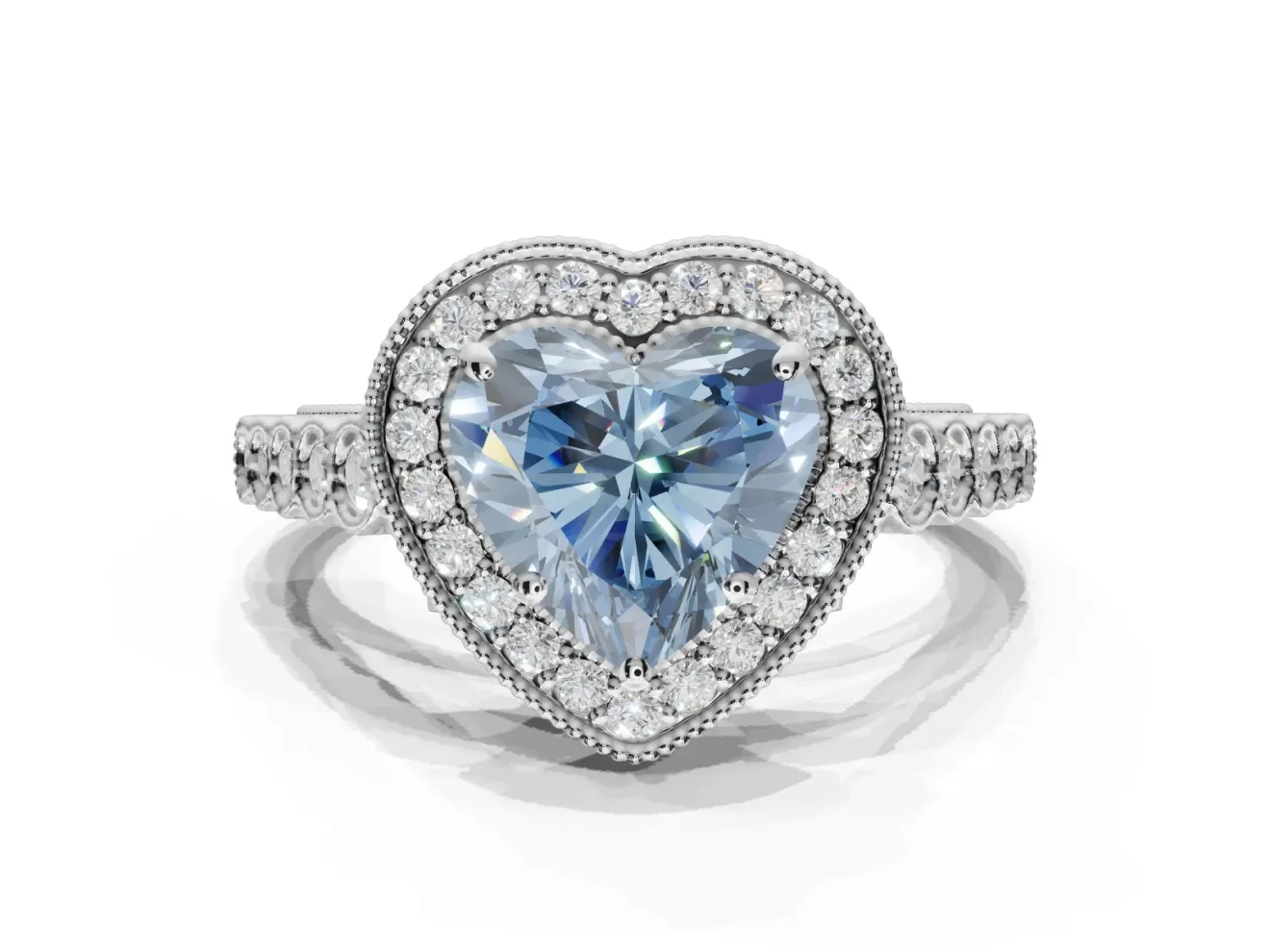 Fancy Blue Heart-Shaped Lab-Grown Diamond Milgrain Halo Solitaire Ring Set in Sterling Silver with Bezel Set Side Stones and Pavé Band