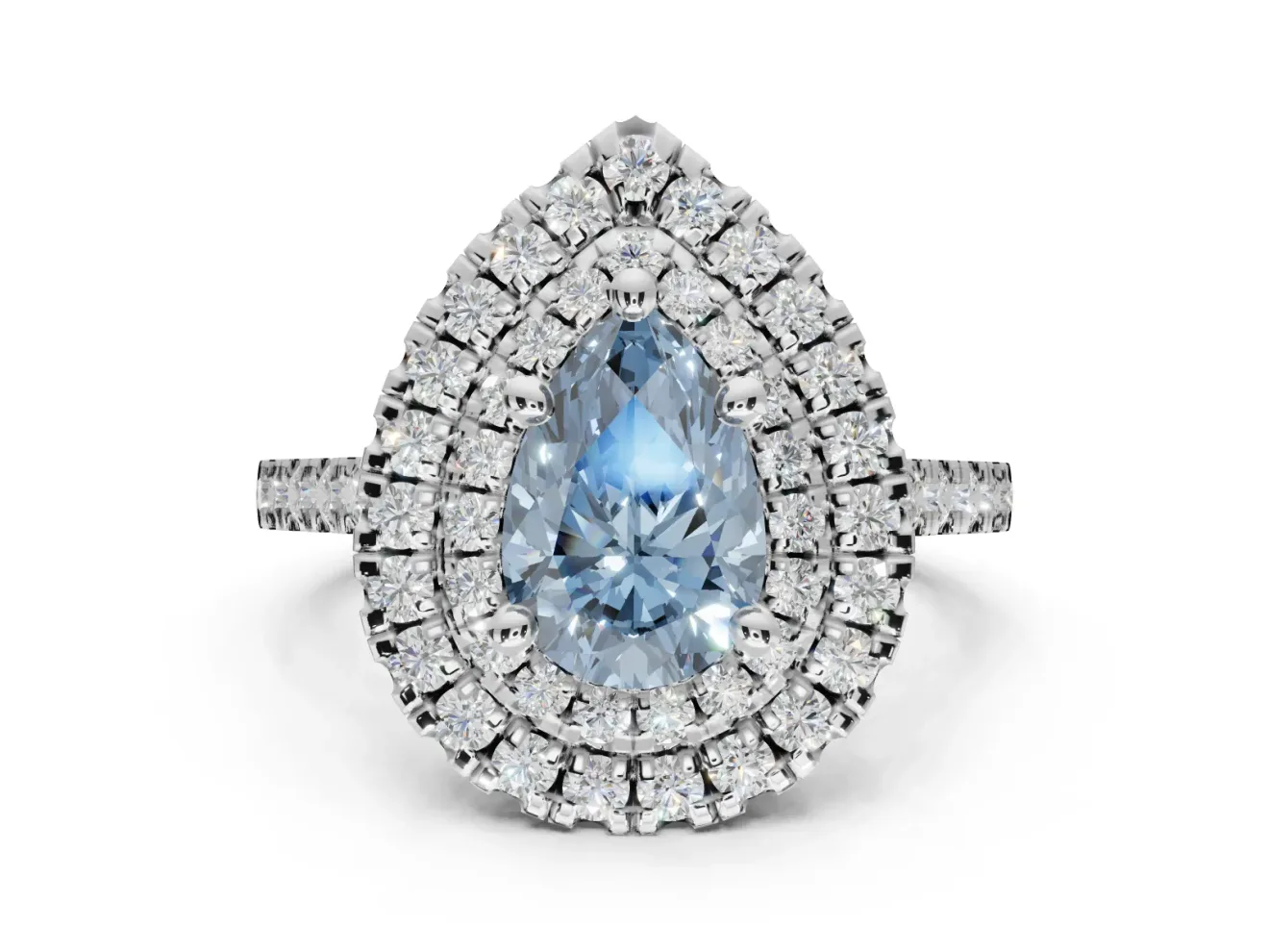 Fancy Blue Pear-Shaped Lab-Grown Diamond Double Halo Statement Ring Set in Sterling Silver with Pavé Band