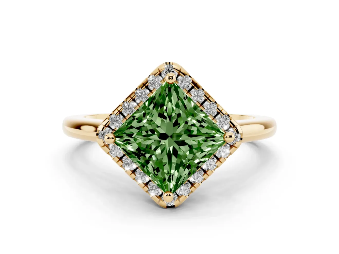 Princess Cut Halo Engagement Ring Setting for a Fancy Green Lab-Grown Diamond | Plain Polished Band | Yellow Gold