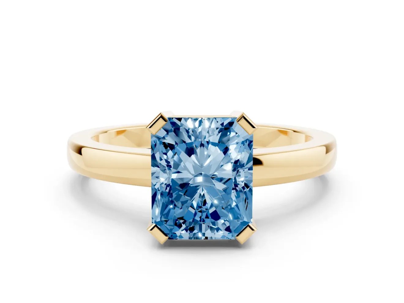 Fancy Blue Radiant Cut Diamond Solitaire Ring Set in Yellow gold with Prong Head and Smooth Polished Band