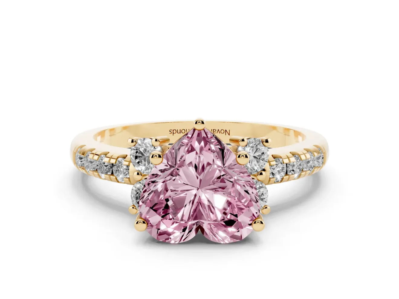 Heart-Shaped Side Stone Engagement Ring Setting for a Fancy Pink Lab-Grown Diamond | Pave Band | Yellow Gold
