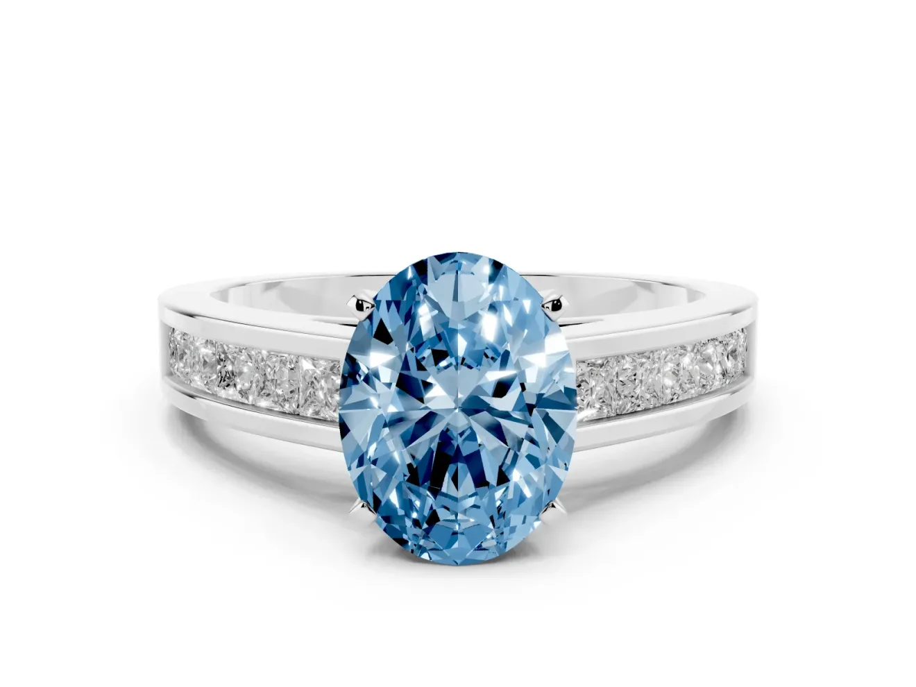 Fancy Blue Oval Cut Diamond Solitaire Ring Set in White gold with Channel-Set Band and Prong Setting