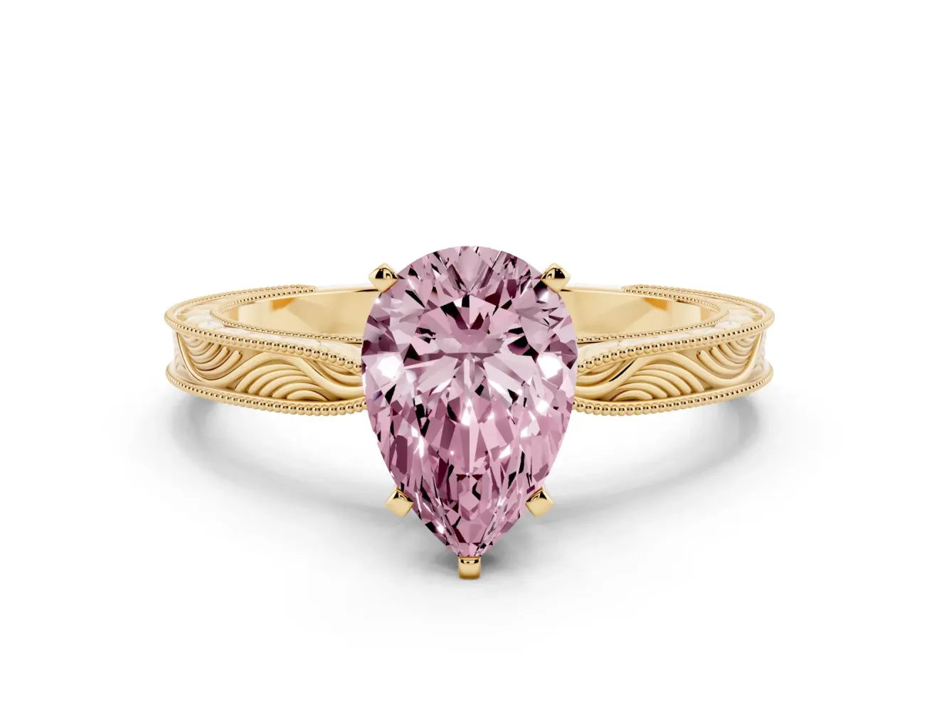 Fancy Pink Pear Cut Diamond Solitaire Milgrain Engraved Band Set in Yellow gold with Prong Setting