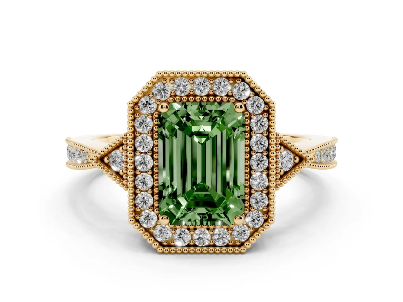 Emerald Cut Milgrain Halo Engagement Ring Setting for a Fancy Green Lab-Grown Diamond | Graduated Pavé | Yellow Gold