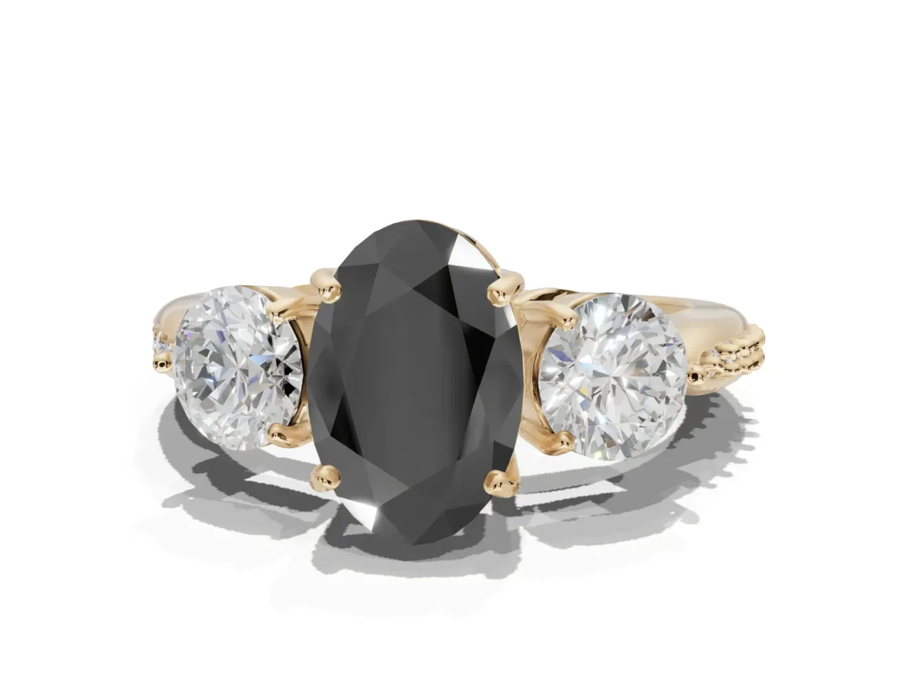 Fancy Black Oval Lab-Grown Diamond Three-Stone Ring Set in Yellow Gold with Channel-Set Band and Prong Setting