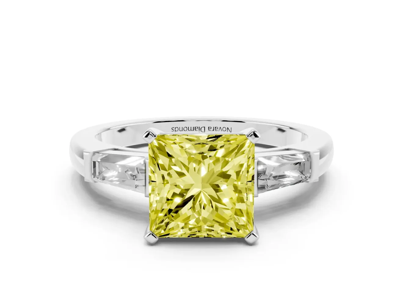 Fancy Yellow Princess Cut Diamond Solitaire Ring Set in Platinum with Tapered Baguette Side Stones and Prong Setting