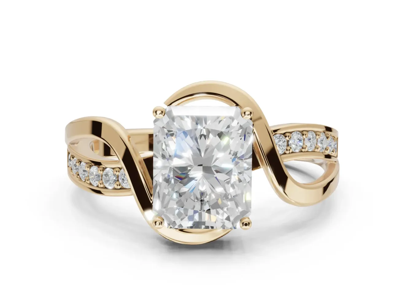 Radiant Cut Bypass Solitaire Engagement Ring Setting | Pavé and Plain Strands | Yellow Gold