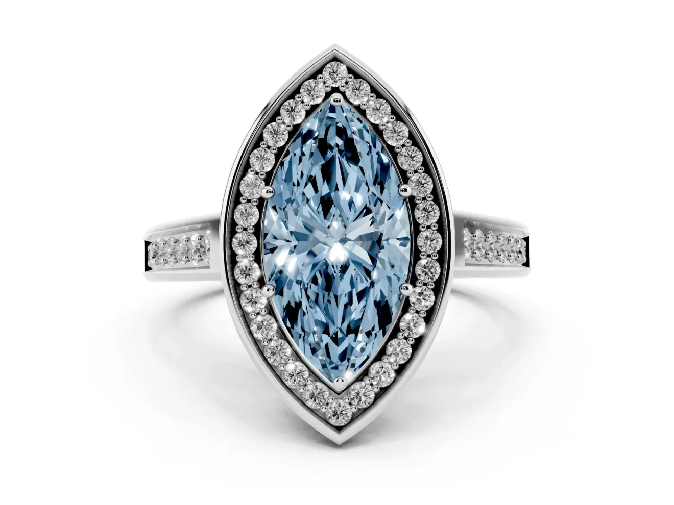 Fancy Blue Marquise Cut Diamond Halo Solitaire Ring Set in White gold with Pavé Band and Bezel Setting
