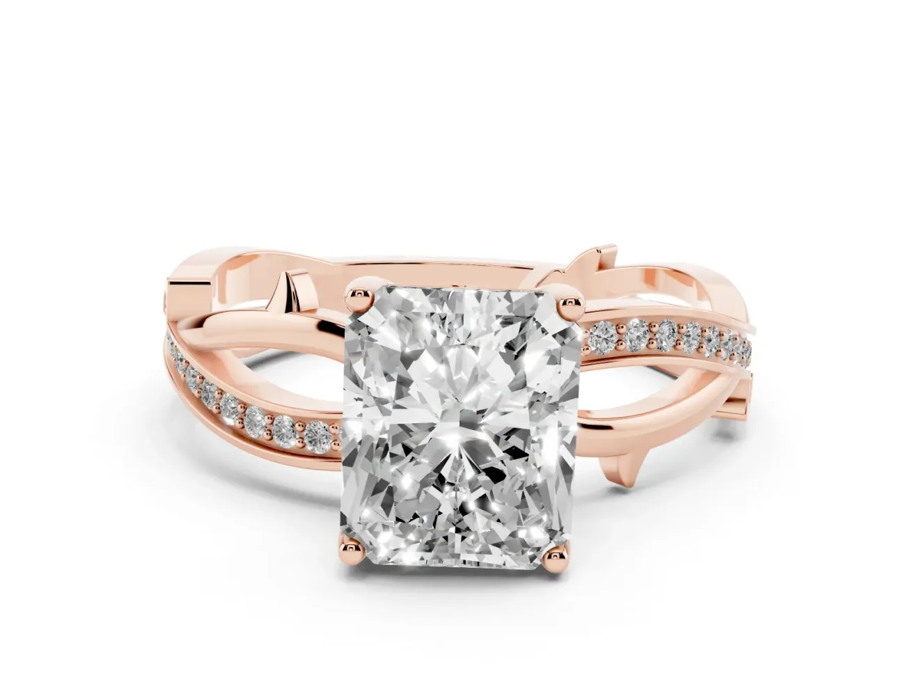 Radiant Cut Diamond Pavé Twist Band Solitaire Ring Set in Rose gold with Prong Setting