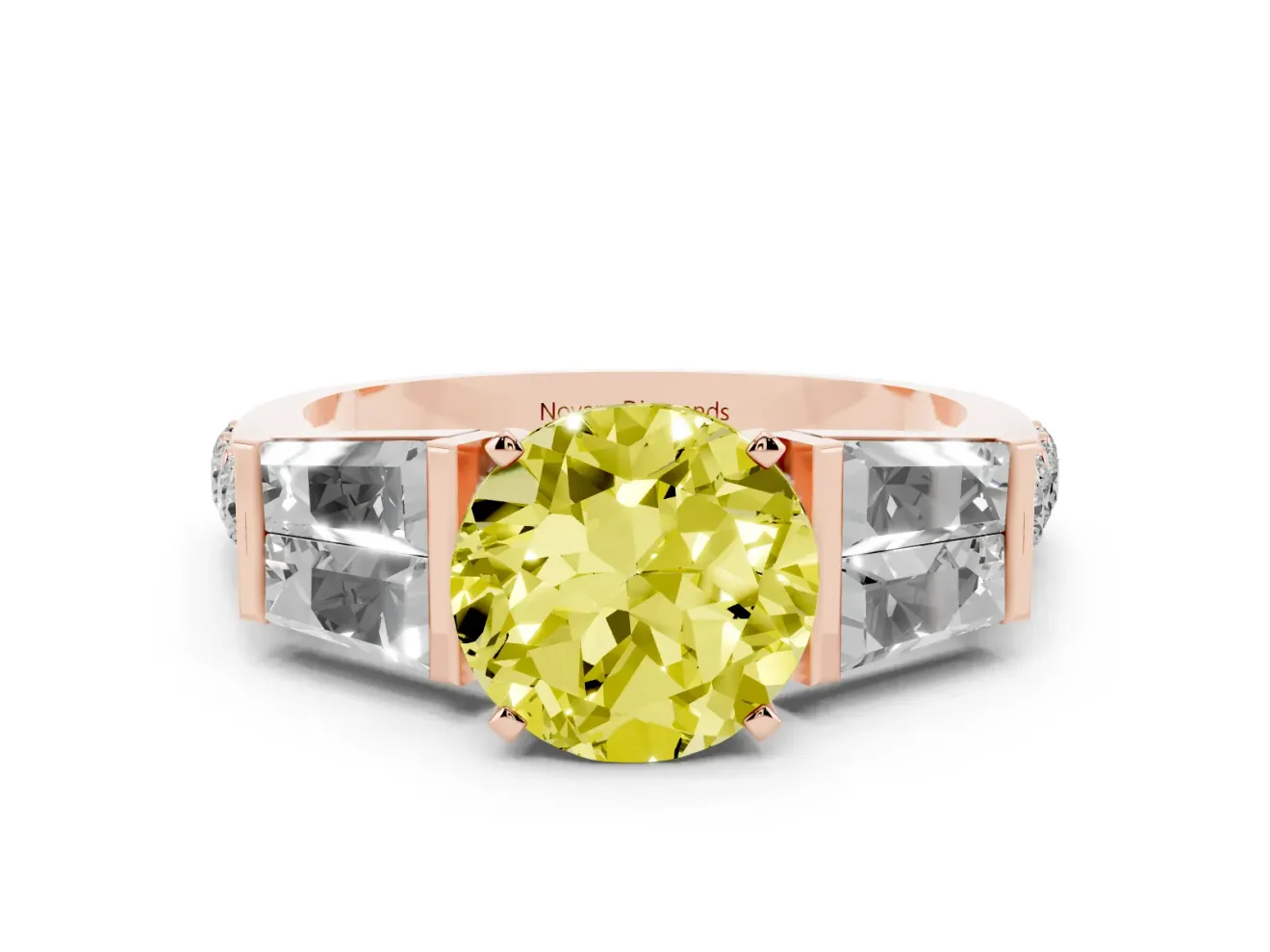 Fancy Yellow Round Cut Diamond Engagement Ring Set in Rose gold with Baguette Side Stones and Channel Set Band