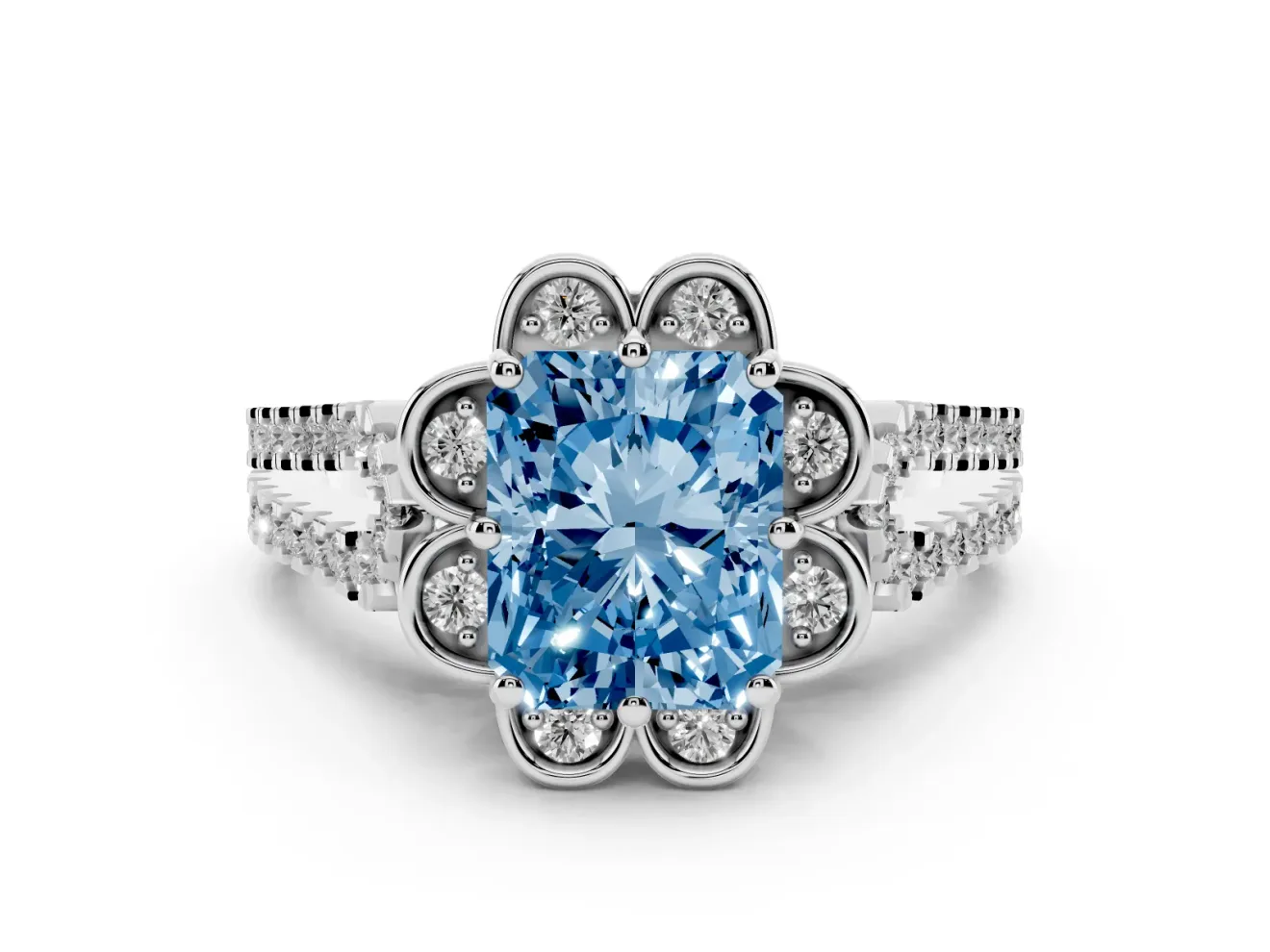 Radiant Cut Floral Halo Engagement Ring Setting for a Fancy Blue Lab-Grown Diamond | Pavé Split Shank | White Gold