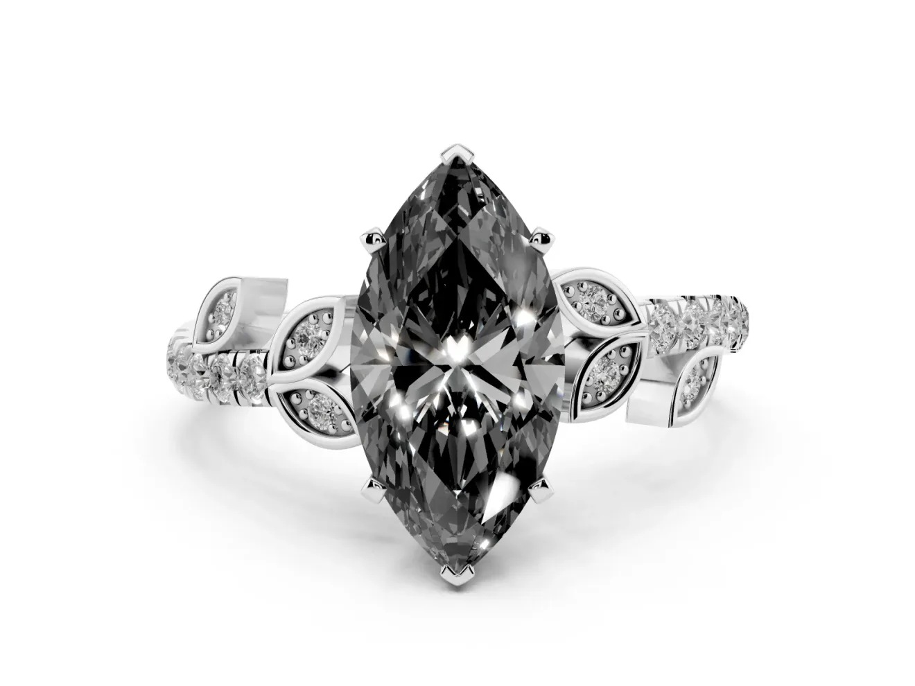 Fancy Black Marquise Cut Diamond Solitaire Leaf-Inspired Ring Set in Platinum with Pavé Band and Prong Setting