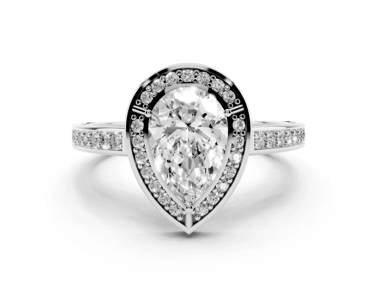 Pear Cut Diamond Halo Pavé Split Shank Ring Set in Platinum with Prong Setting