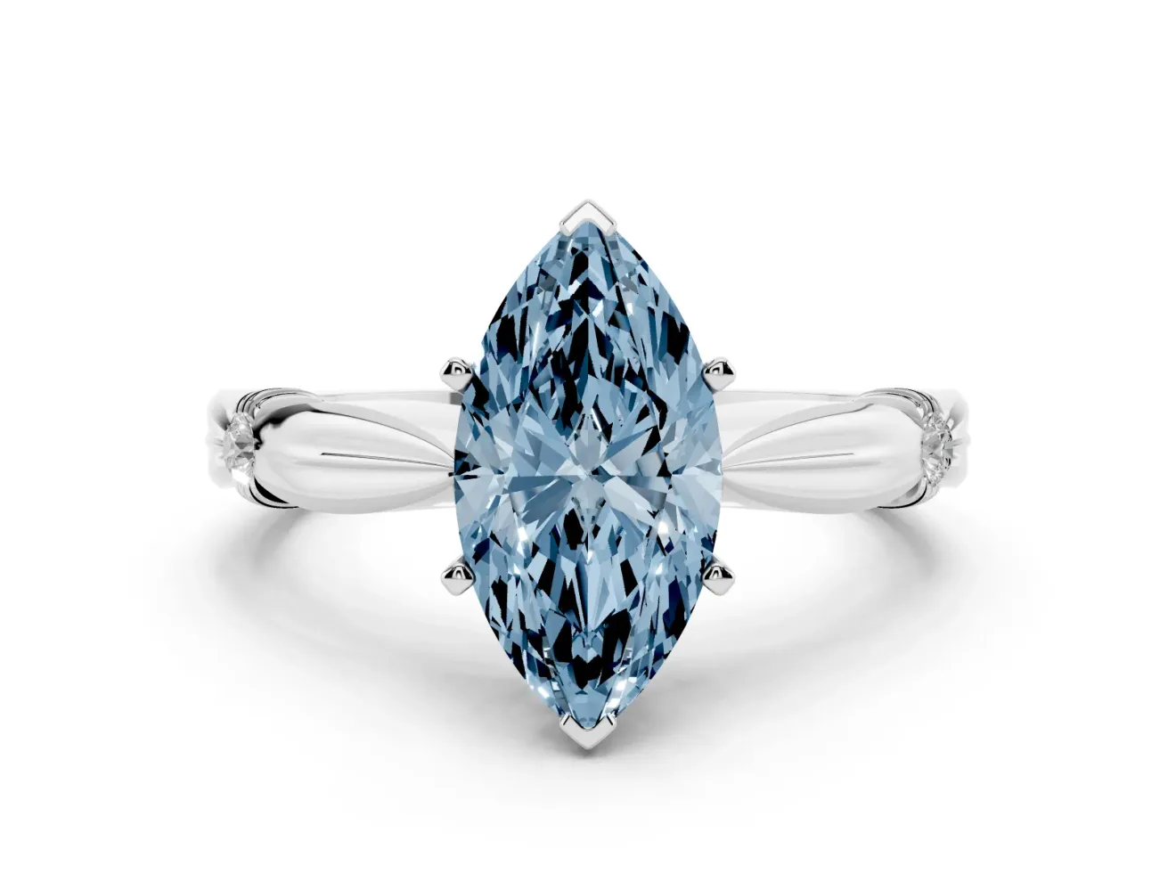 Fancy Blue Marquise Cut Diamond Solitaire Twisted Band Ring Set in White gold with Accent Stones and Prong Setting