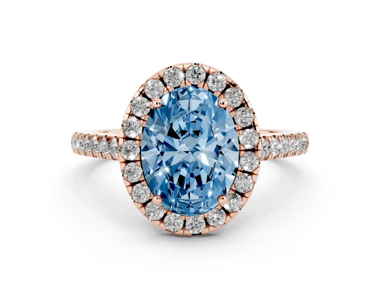 Oval Raised Halo Engagement Ring Setting for a Fancy Blue Lab-Grown Diamond | Pave Band | Rose Gold