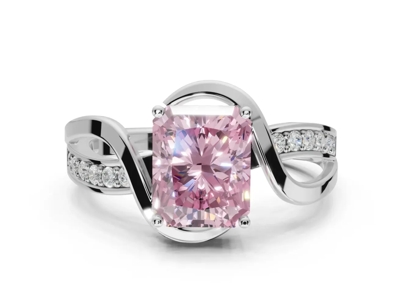 Radiant Cut Bypass Solitaire Engagement Ring Setting for a Fancy Pink Lab-Grown Diamond | Pavé Strands | White Gold