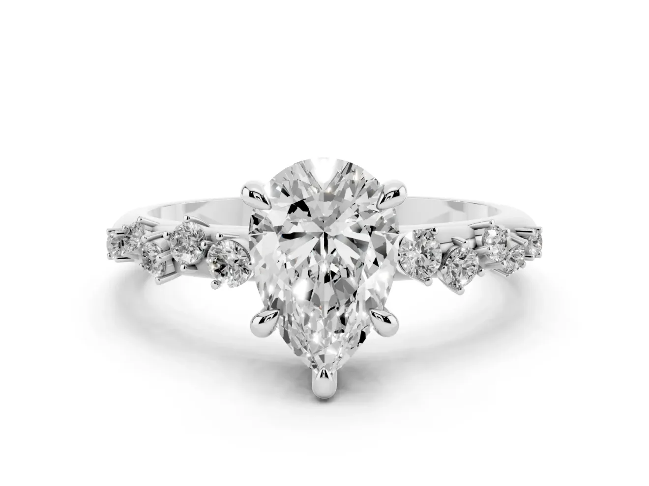 Pear Cut Diamond Solitaire Vine Band Ring Set in Platinum with Round Accents and Prong Setting
