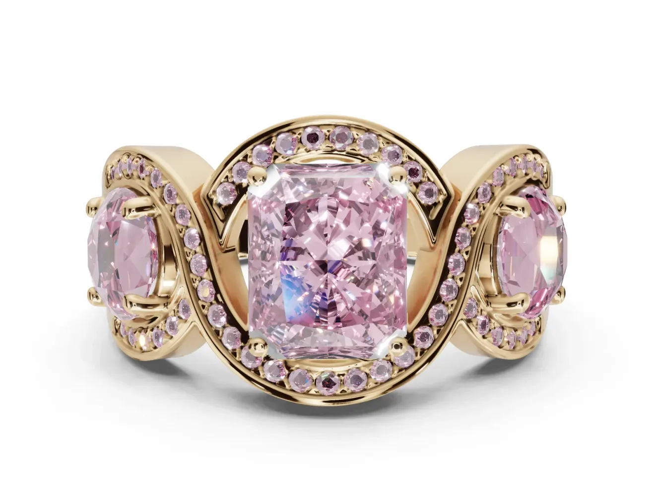 Radiant Cut Three Stone Halo Engagement Ring Setting for a Fancy Pink Lab-Grown Diamond | Pavé Wave Band | Yellow Gold