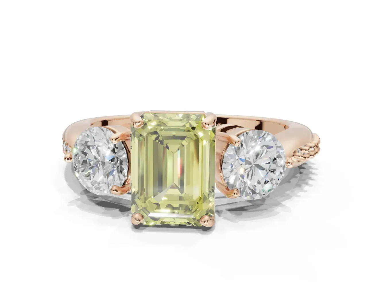 Emerald Cut Three Stone Engagement Ring Setting for a Fancy Yellow Lab-Grown Diamond | Tapered Pave Band | Rose Gold