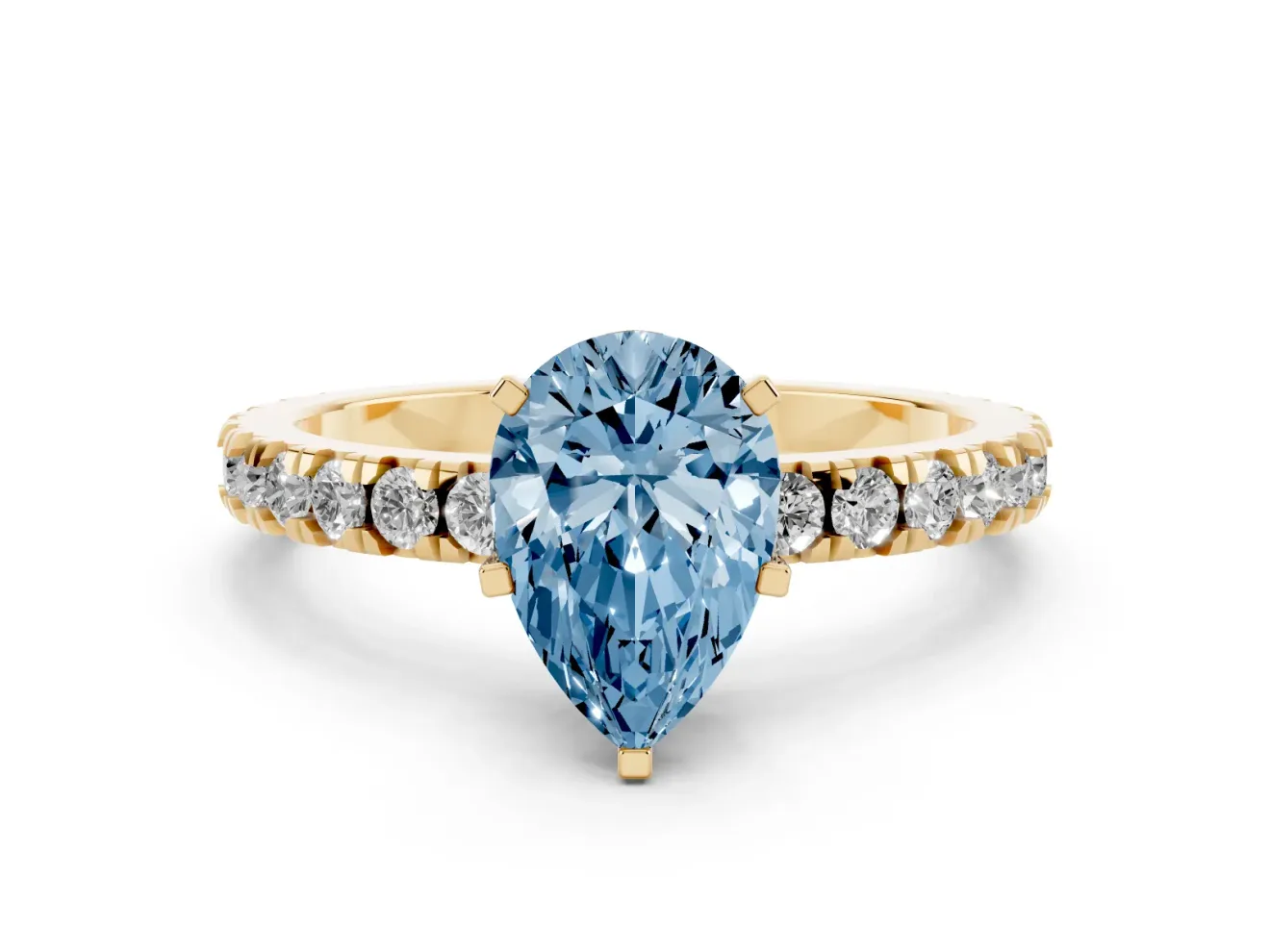 Pear-Shaped Pavé Solitaire Engagement Ring Setting for a Fancy Blue Lab-Grown Diamond | Yellow Gold