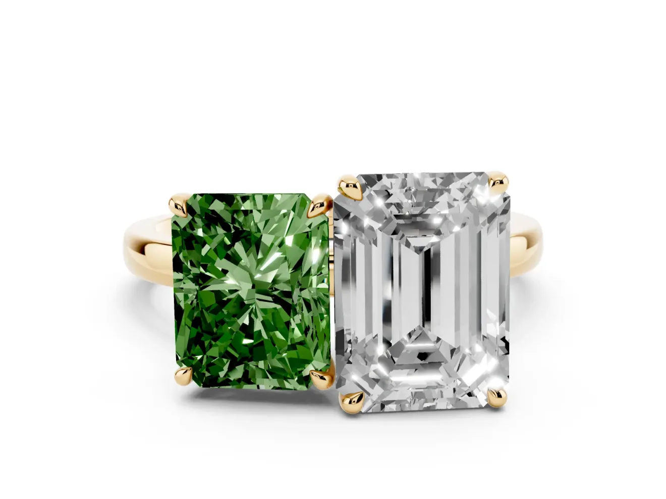 Fancy Green Radiant Cut and Emerald Cut Toi Moi Ring Set in Yellow gold with Prong Setting