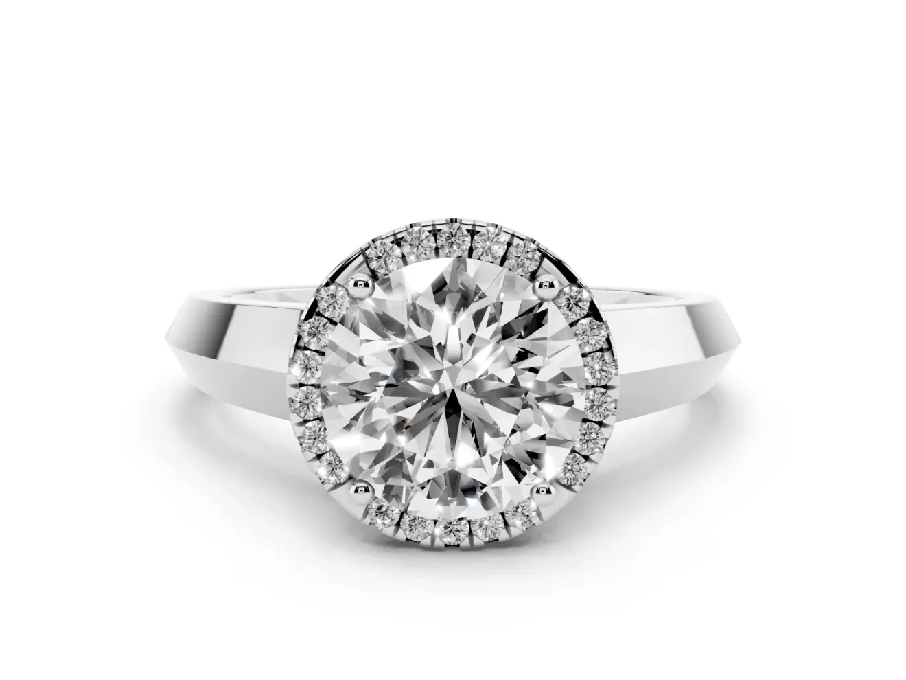 Round Cut Diamond Halo Ring Set in Platinum with Cathedral Band and Prong Setting