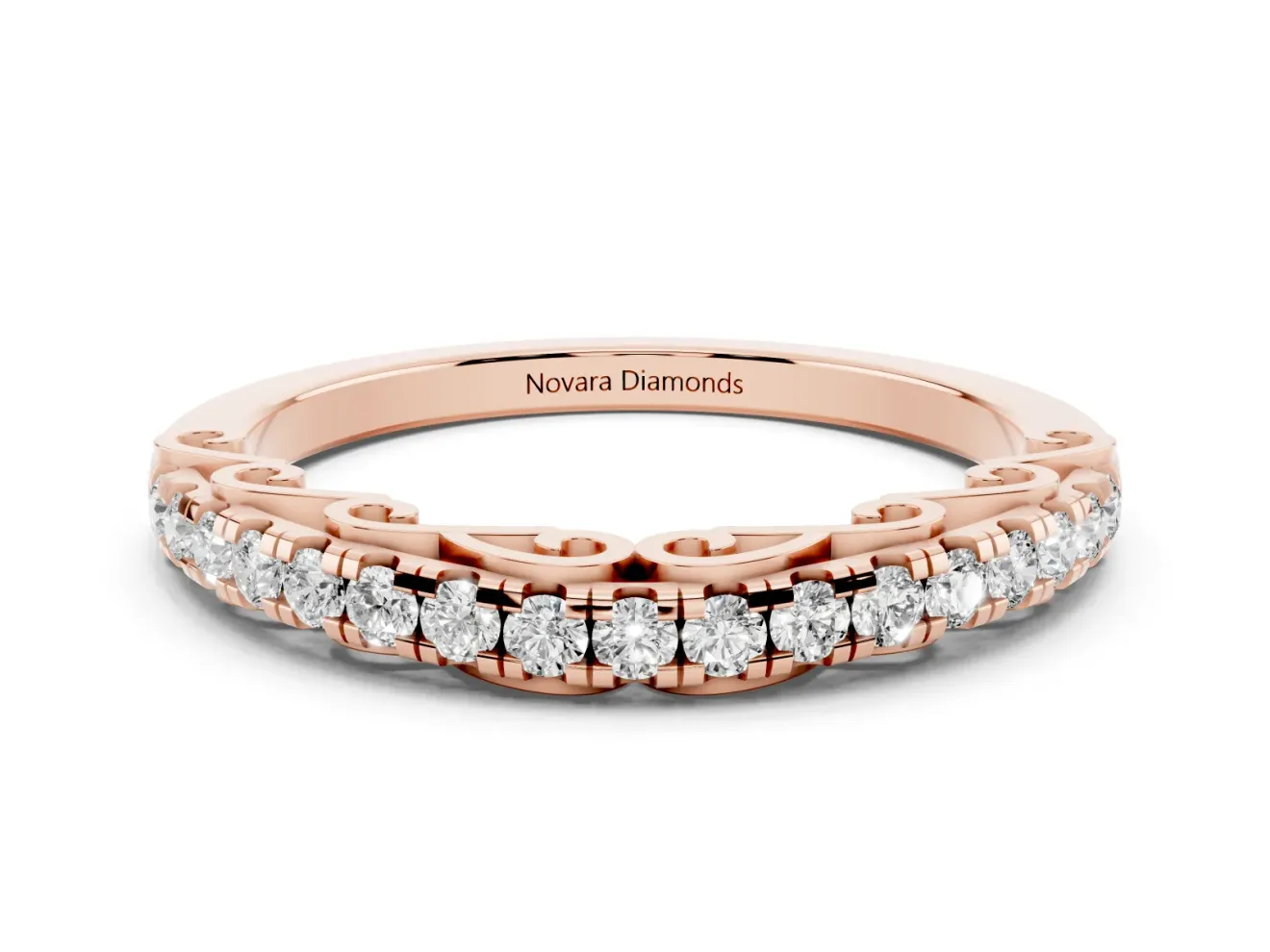 Round Lab-Grown Diamond Shared Prong Half Eternity Wedding Band | Scroll Gallery | Rose Gold
