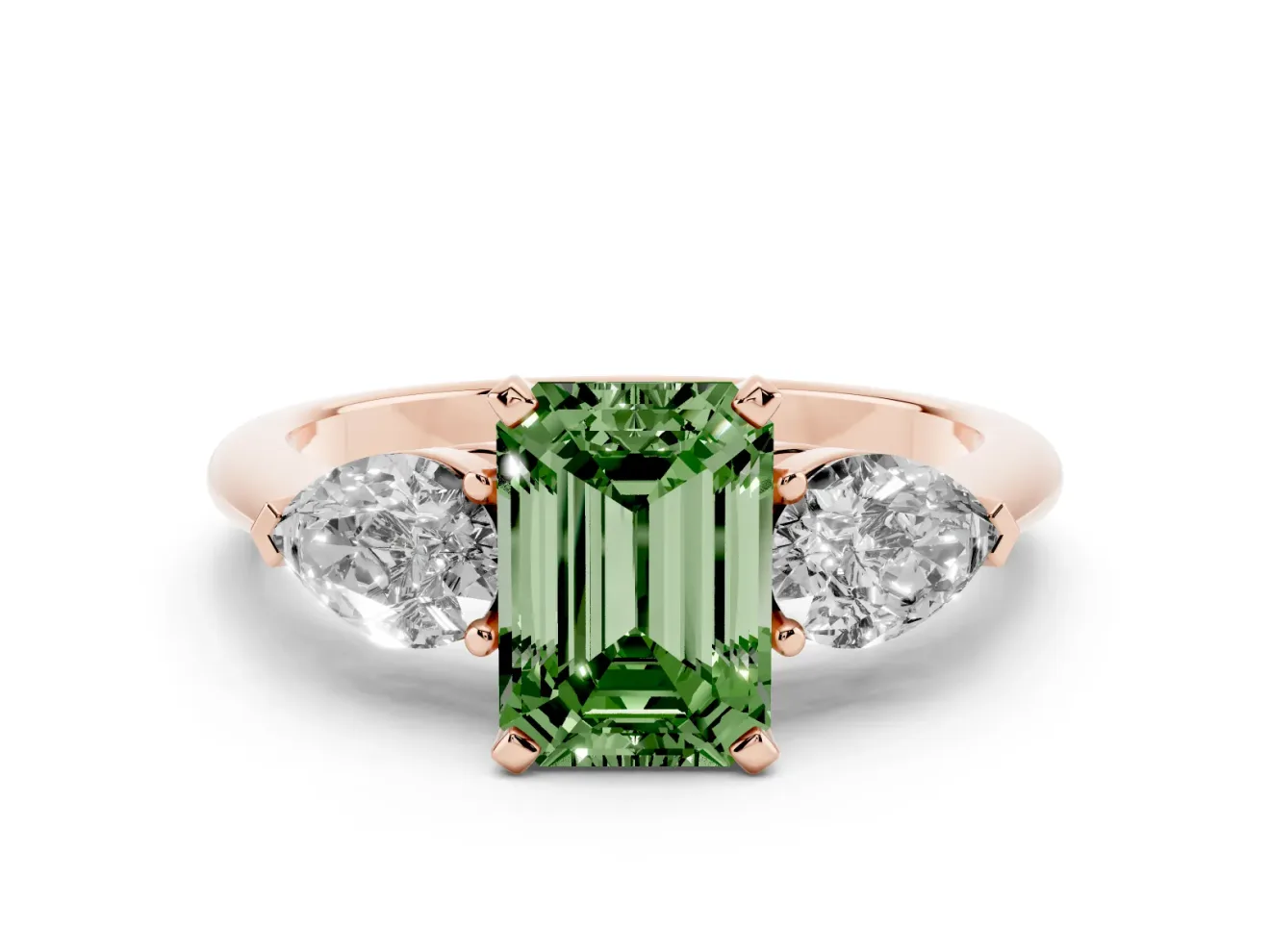 Fancy Green Three-Stone Emerald Cut Diamond Ring Set in Rose gold with Pear Side Stones and Prong Setting