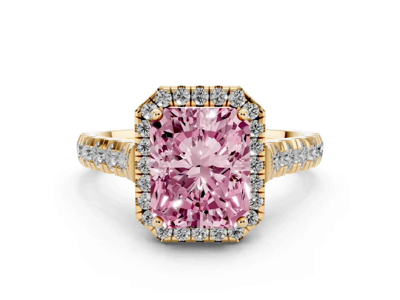 Radiant Cut Accented Halo Engagement Ring Setting for a Fancy Pink Lab-Grown Diamond | Yellow Gold