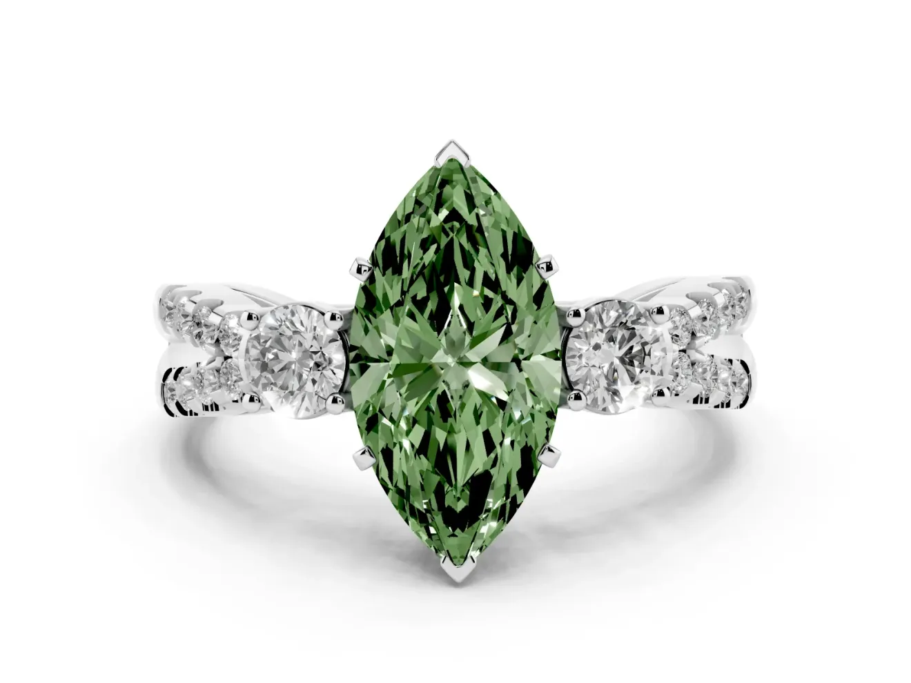 Fancy Green Marquise Cut Diamond Three-Stone Ring Set in Silver with Pavé Split Shank and Prong Setting