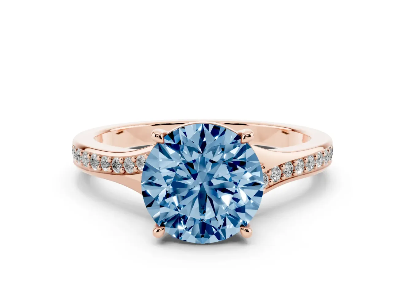 Round Pave Solitaire Engagement Ring Setting for a Fancy Blue Lab-Grown Diamond | Sweeping Shoulders | Rose Gold