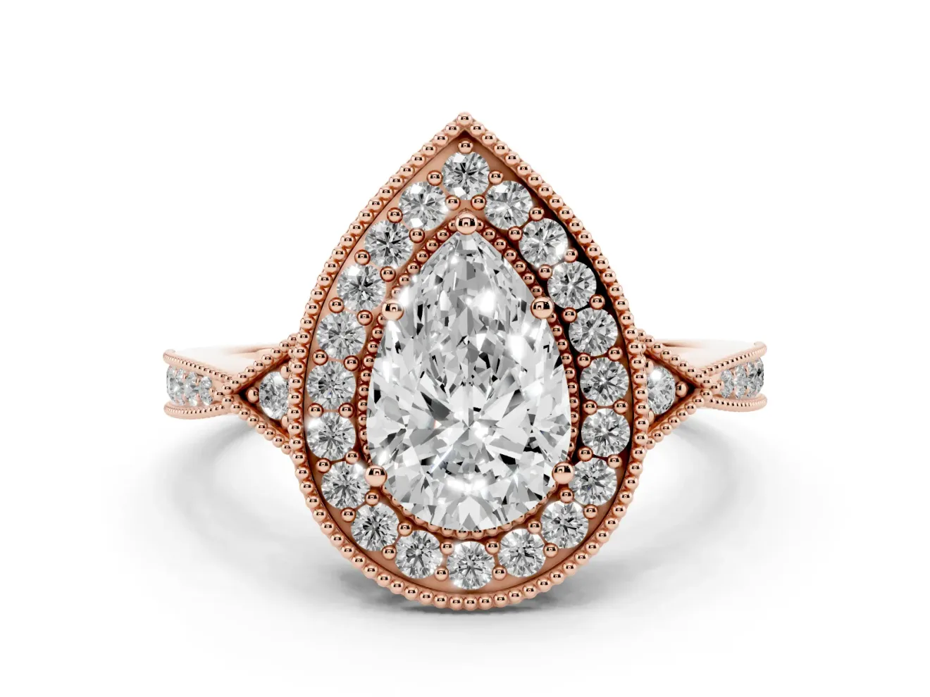Pear Cut Diamond Halo Engagement Ring Set in Rose gold with Milgrain Pavé Band