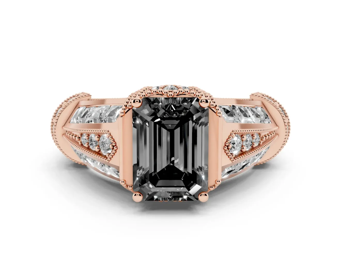 Emerald Cut Vintage Milgrain Engagement Ring Setting for a Black Center | Hidden Halo | Rose Gold