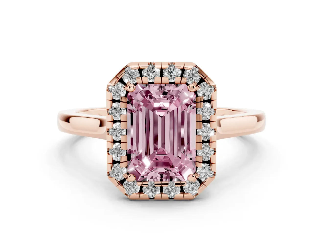 Emerald Cut Halo Engagement Ring Setting for a Fancy Pink Lab-Grown Diamond | Flat Tapered Band | Rose Gold