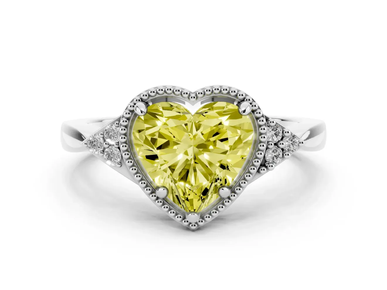Fancy Yellow Heart Cut Diamond Milgrain Solitaire Ring Set in White gold with Tapered Pavé Band and Prong Setting