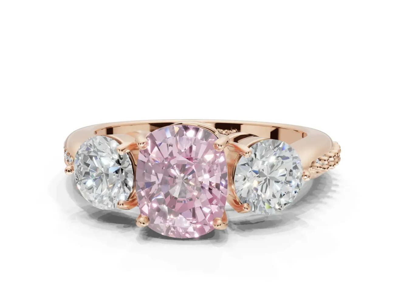 Cushion Cut Three Stone Engagement Ring Setting for a Fancy Pink Lab-Grown Diamond | Tapered Pave Band | Rose Gold