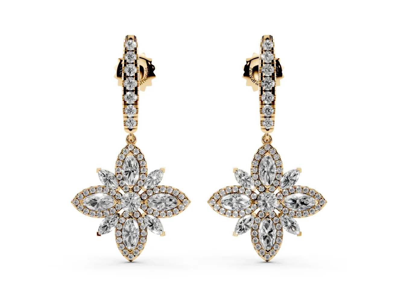 Marquise and Round Lab-Grown Diamond Floral Drop Earrings | Graduated Bar Top | Yellow Gold