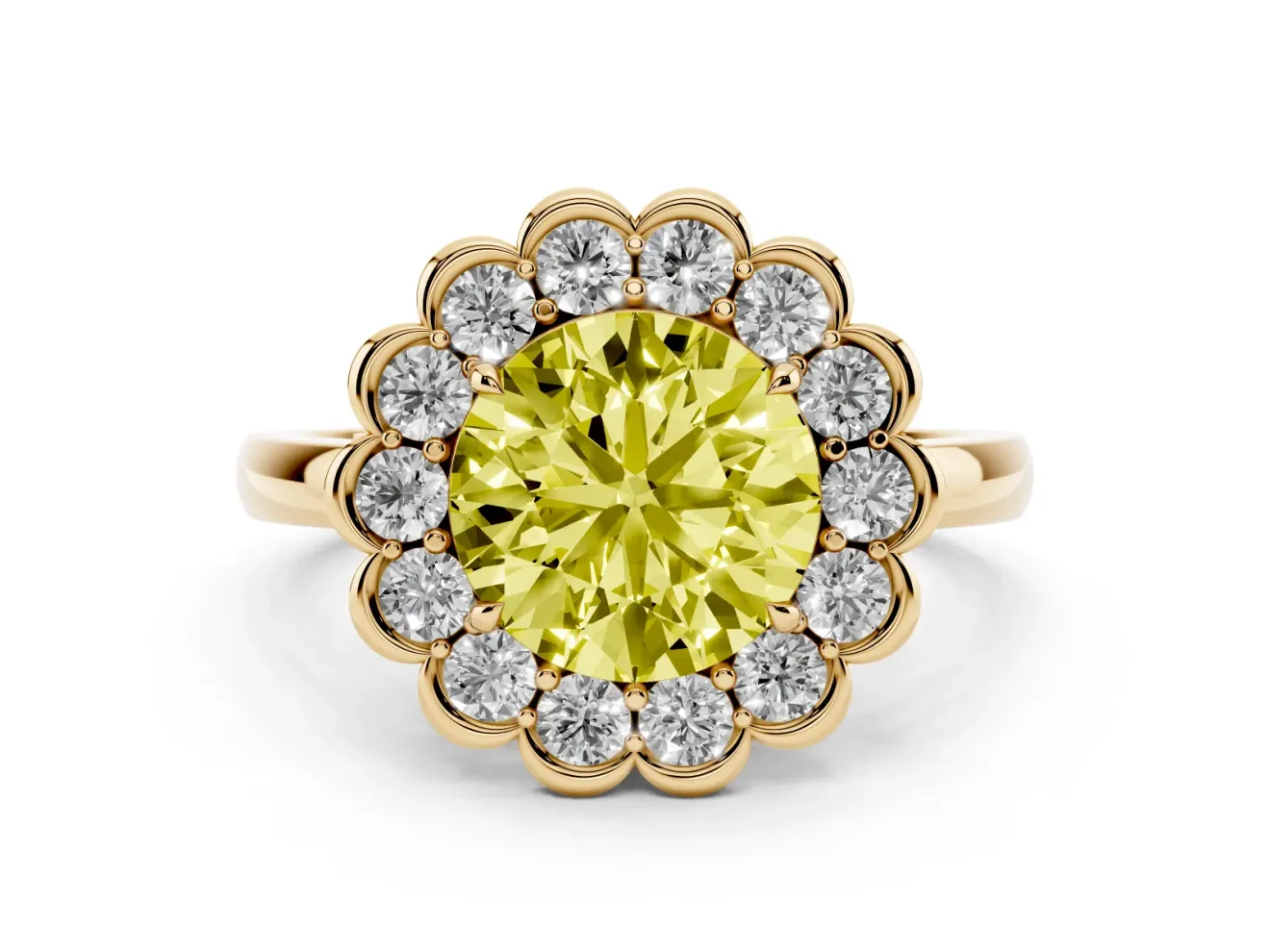 Round Scalloped Cluster Halo Engagement Ring Setting for a Fancy Yellow Lab-Grown Diamond | Plain Band | Yellow Gold