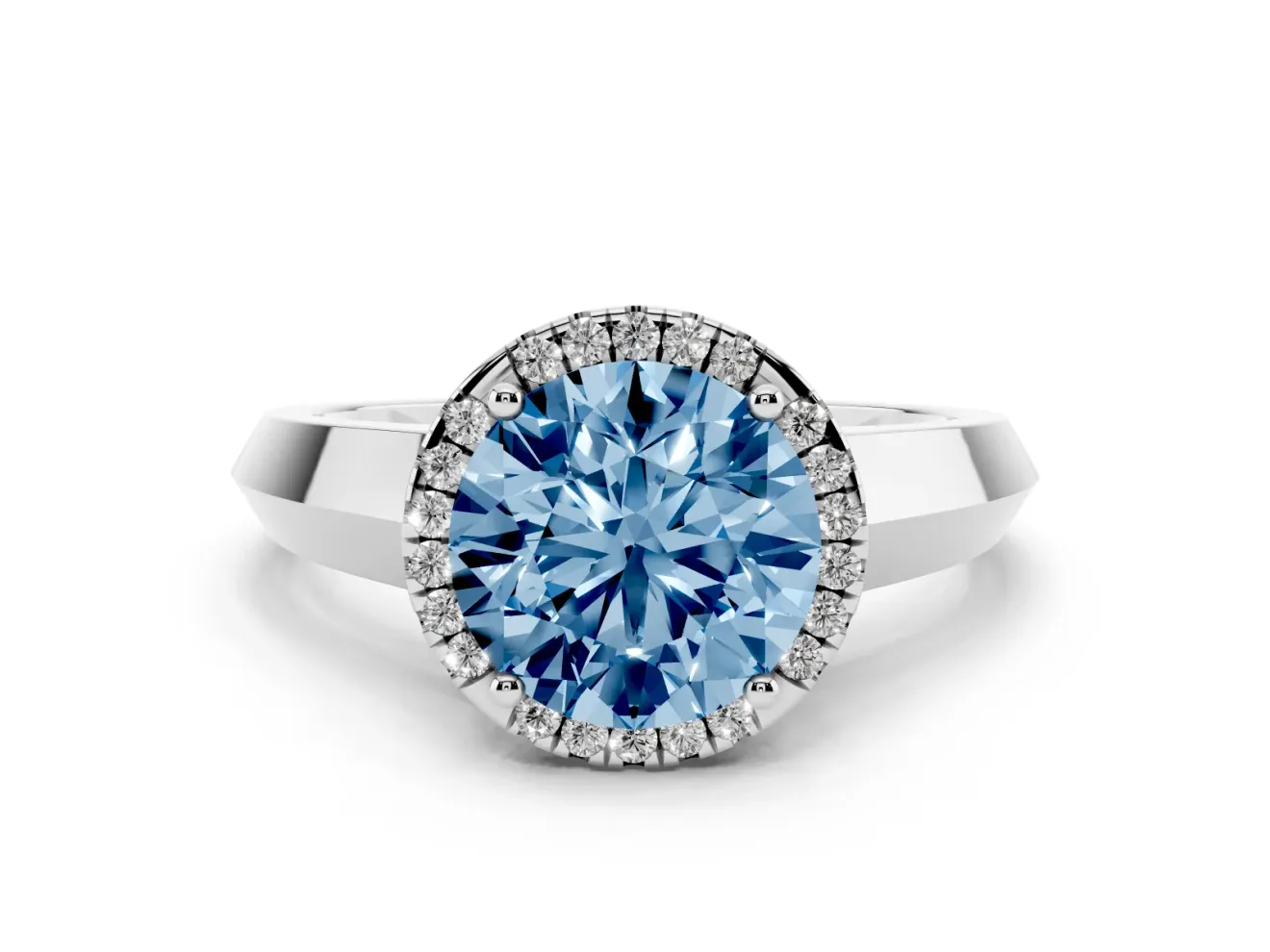 Fancy Blue Round Cut Diamond Halo Ring Set in Silver with Cathedral Band and Prong Setting