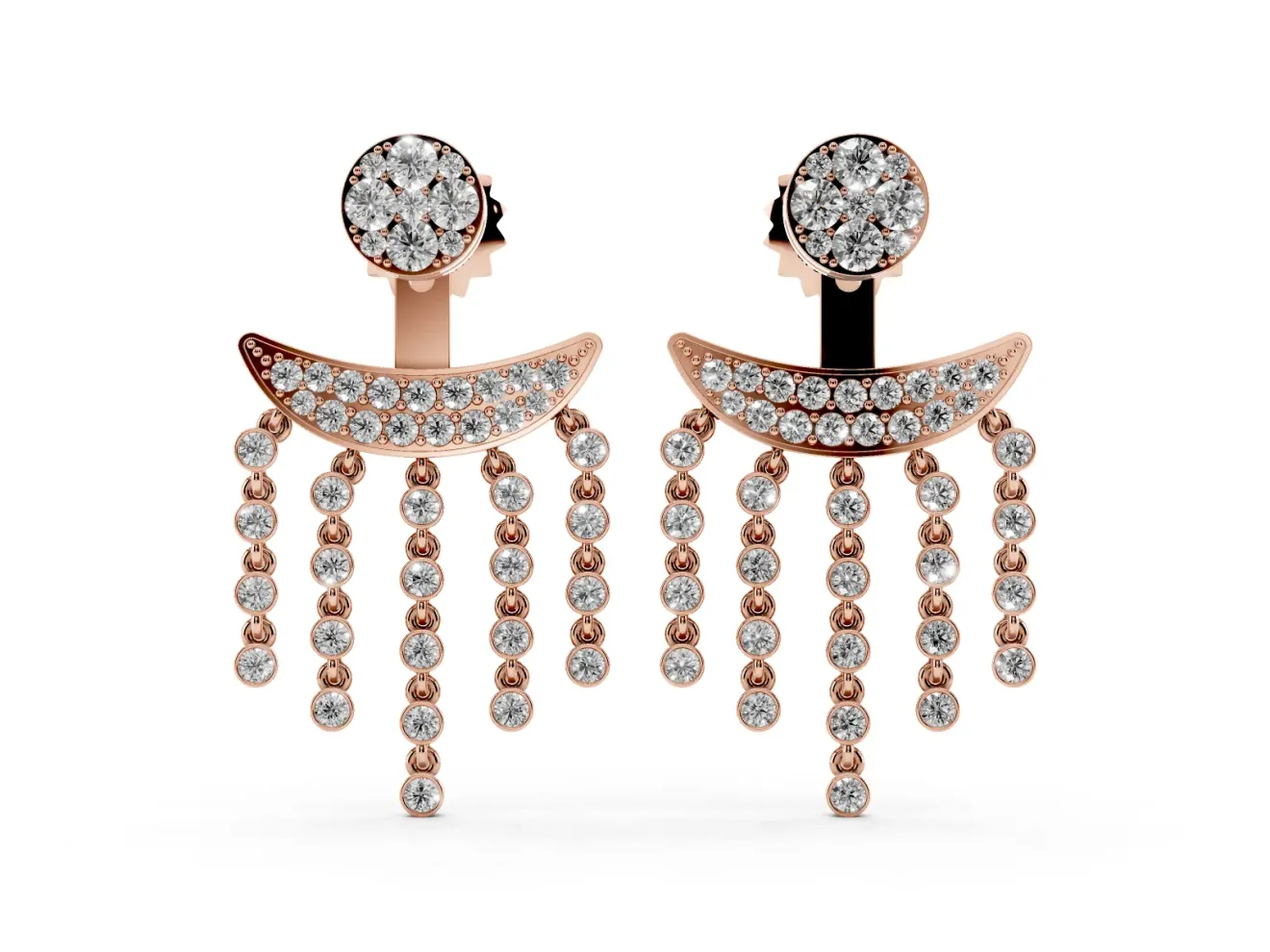 Round Lab-Grown Diamond Cluster Chandelier Drop Earrings | Five Strands | Rose Gold