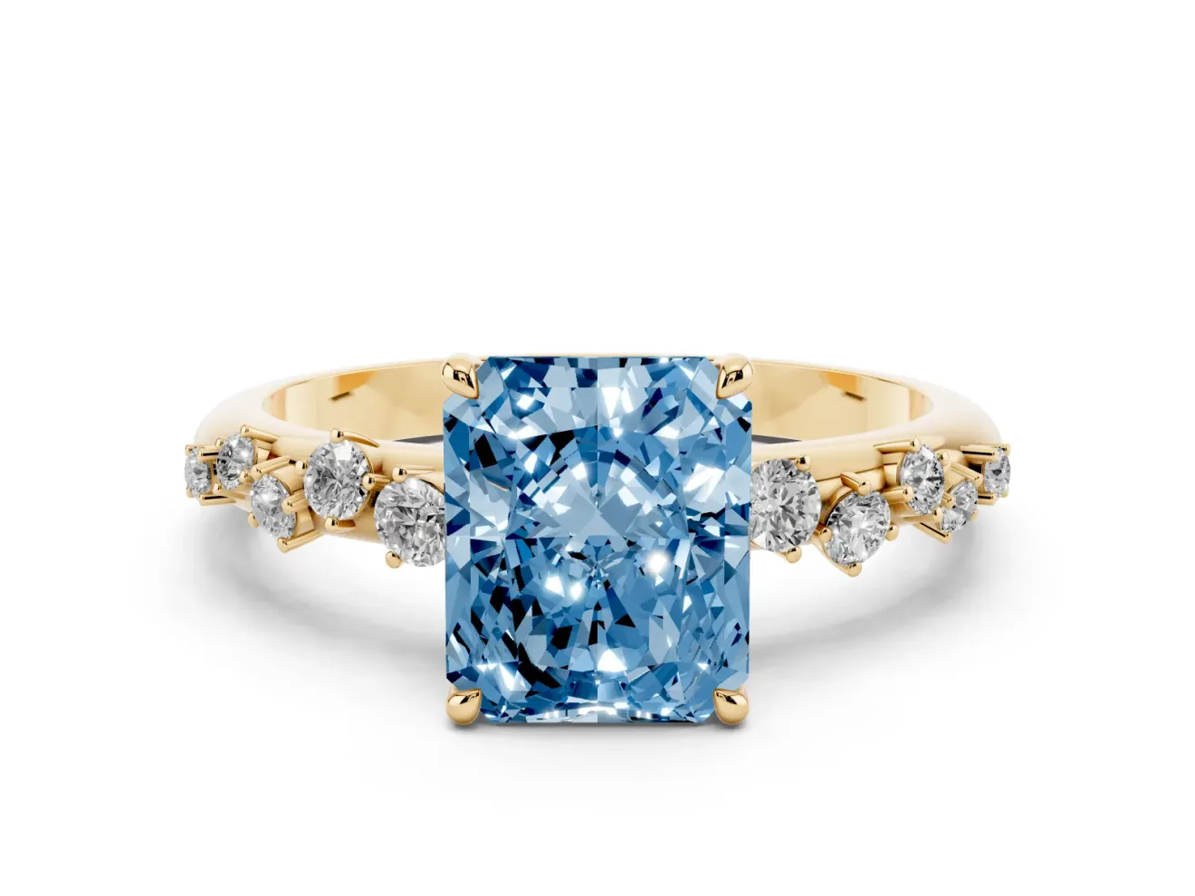 Radiant Cut Graduated Solitaire Engagement Ring Setting for a Fancy Blue Lab-Grown Diamond | Yellow Gold