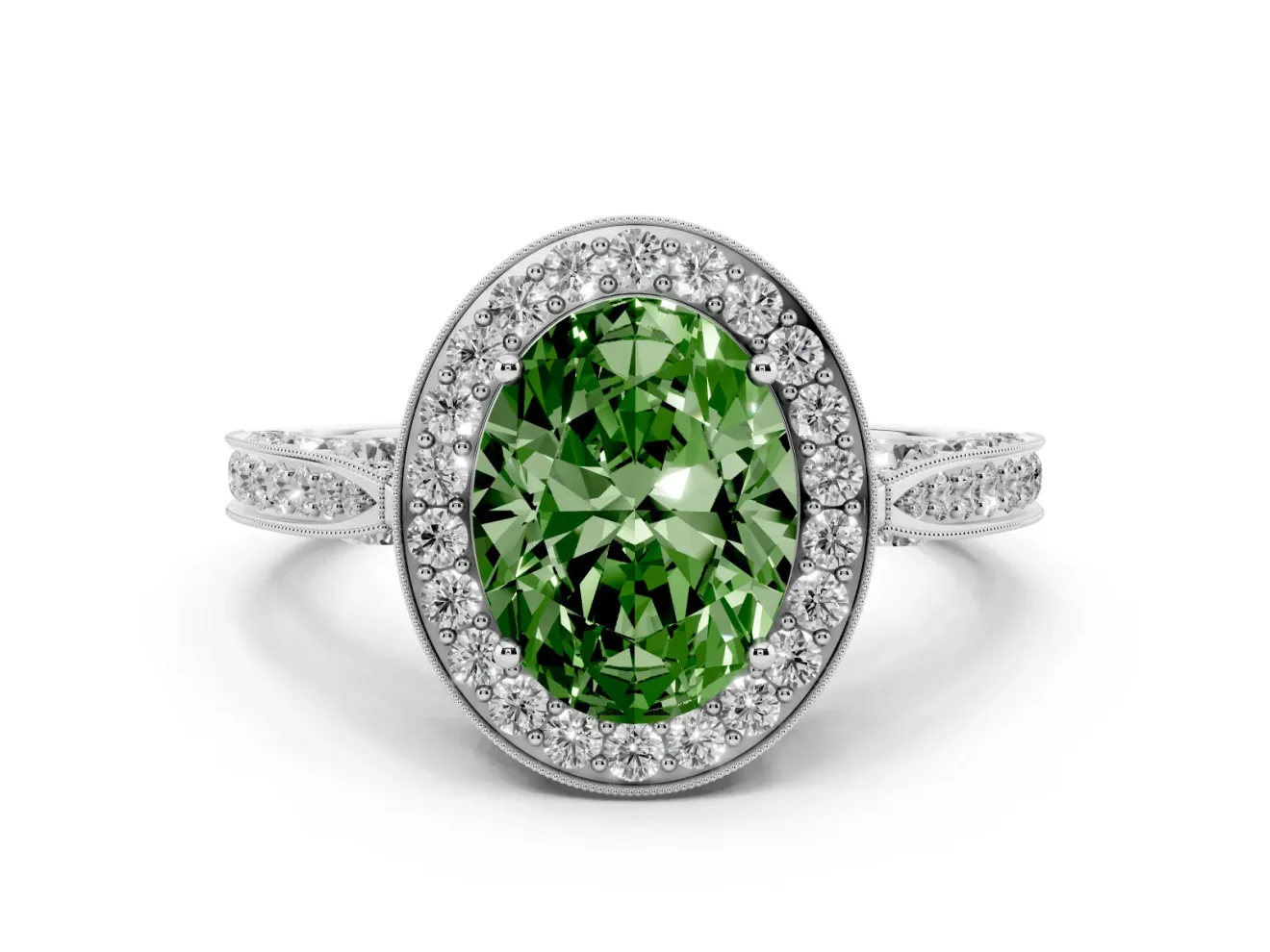 Oval Milgrain Halo Engagement Ring Setting for a Fancy Green Lab-Grown Diamond | Side Stones | Sterling Silver